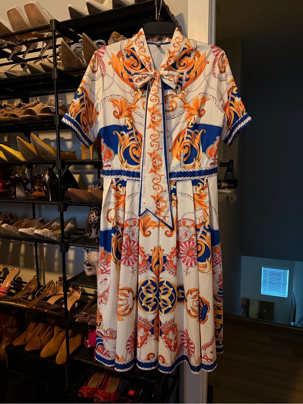 Tie-Neck Short Sleeve Printed Dress in White, Blue & Orange